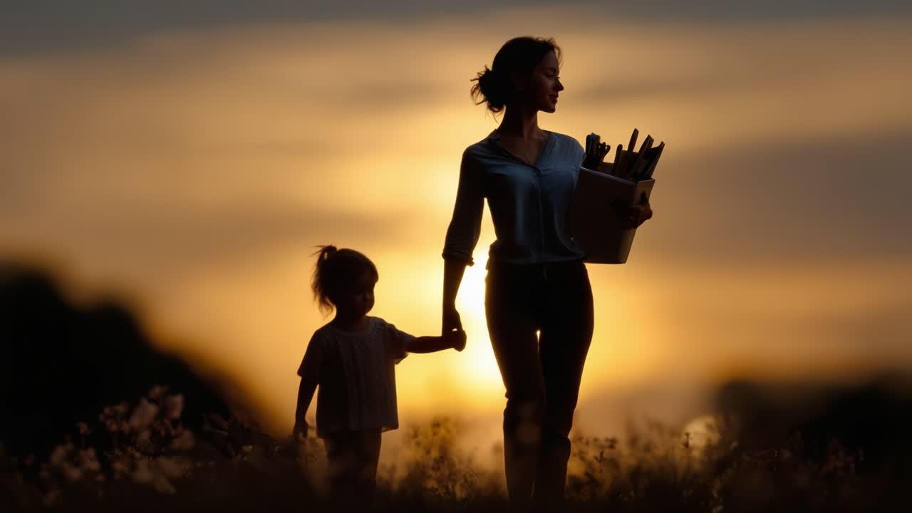 Silhouetted Mother Holding Daughter's Hand While Carrying a Box of Supplies at Sunset, Capturing a Heartwarming Moment in Their Evening Walk Together