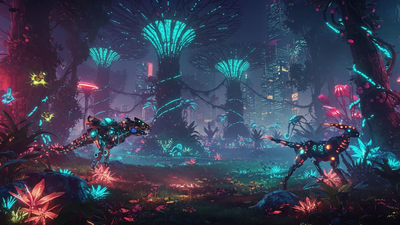 A stunning cybernetic landscape thriving with vibrant flora and futuristic robotic creatures, illustrating a harmonious blend of nature and technology in a neon-lit world