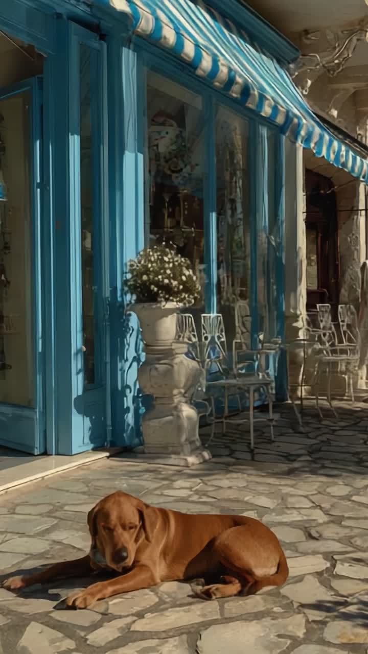 Un cane adorabile si gode una giornata soleggiata fuori da un negozio colorato, perfettamente immortalato da due prospettive uniche in un ambiente sereno