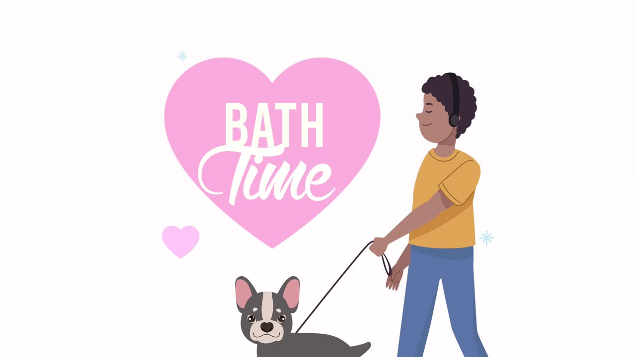 bath time lettering animation with owner walking and bulldog