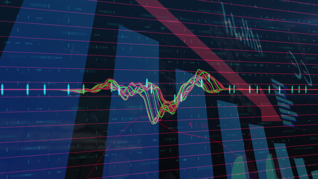 Financial graphs and data processing animation overlaying modern architectural structure