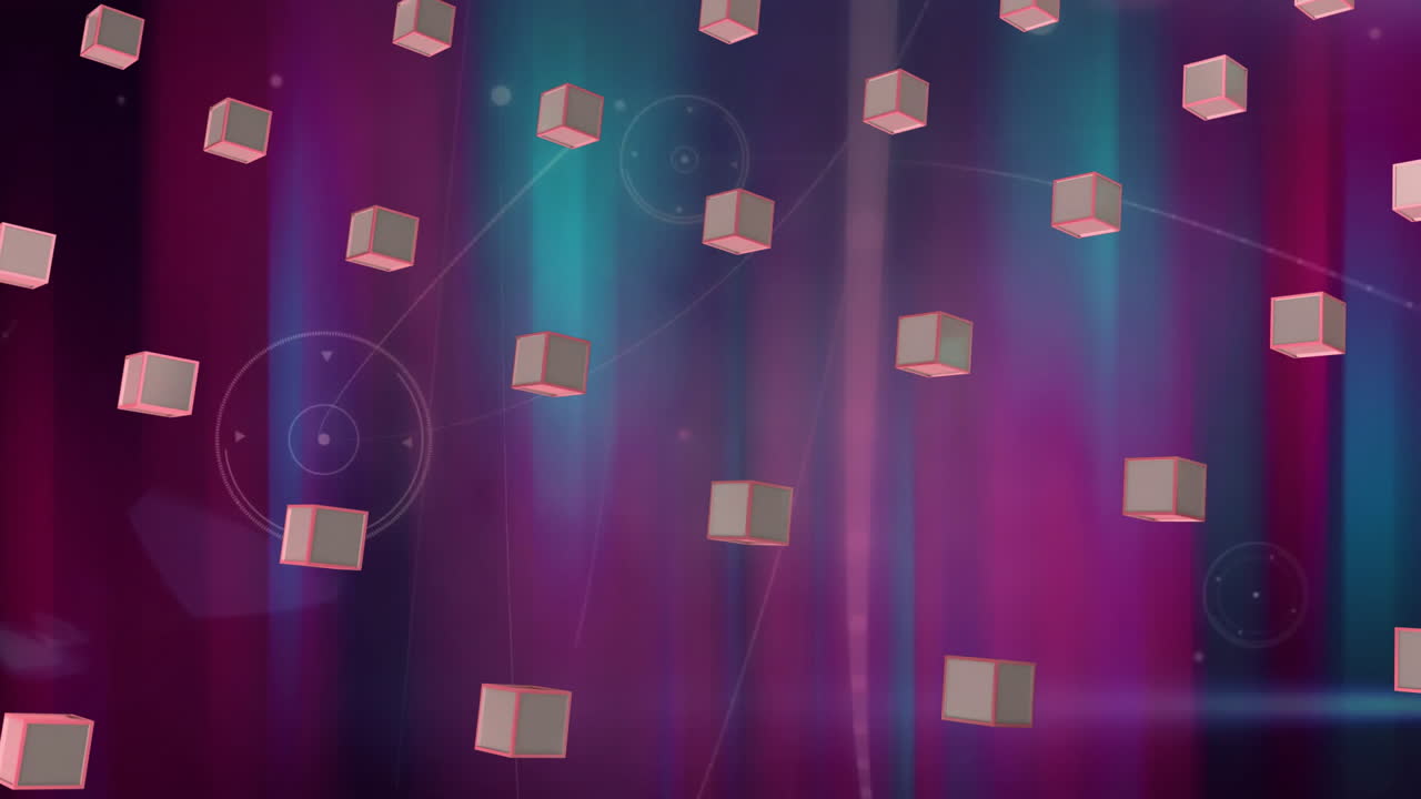 Animation of rows of 3d cubes over glowing light trails moving over dark background