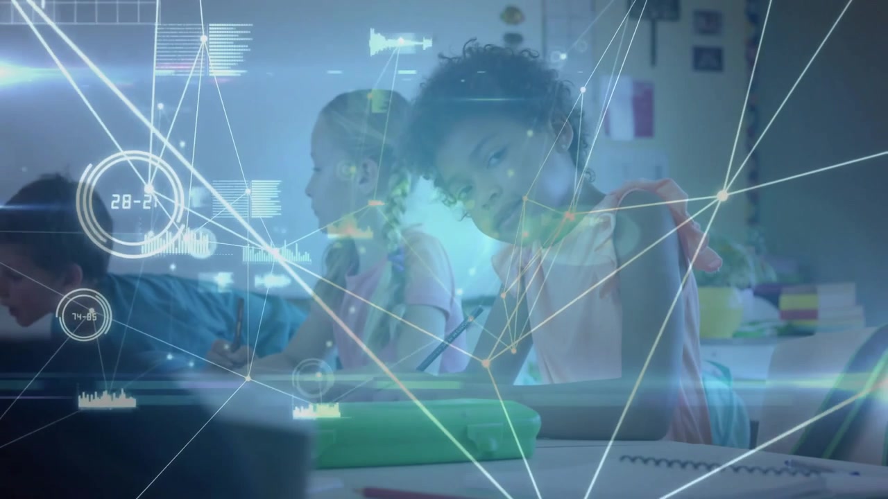 Students writing notebooks in class, animated network initiating then converging around right child