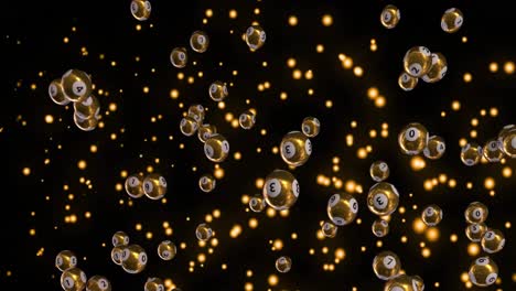 Yellow-glowing-spots-and-billiards-balls-moving-against-black-background-
