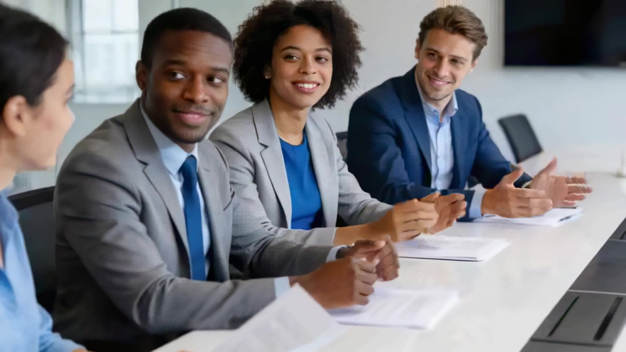 Clapping colleagues in suits responding with applause to speaker holding paper at conference table