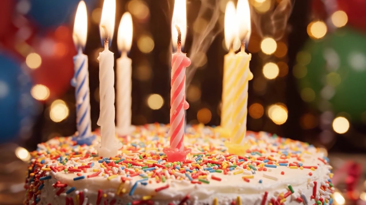 Una celebrazione colorata: una torta splendidamente decorata con candeline vivaci e zuccherini colorati, perfetta per ogni occasione festiva o raduno di compleanno.