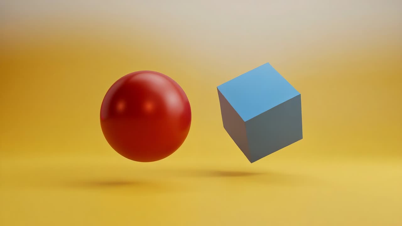 Opening frame showing blue cube rotating and red sphere bobbing on yellow floor, with soft shadows