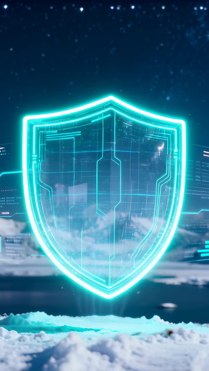 Vertical video: Emerging neon cyan shield pulsing and rising above snow, activating HUD for defense