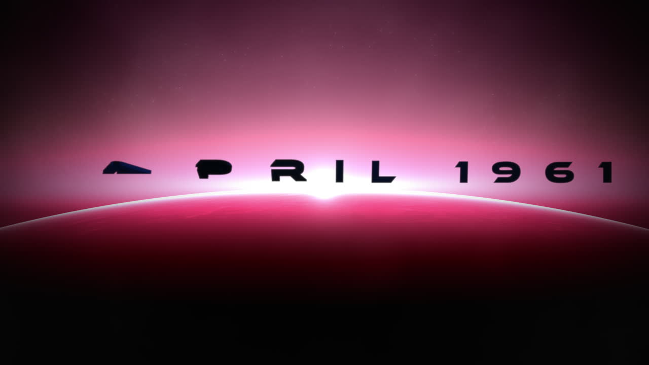 12 de abril de 1961 con grandes planetas y un destello rojo en la galaxia.