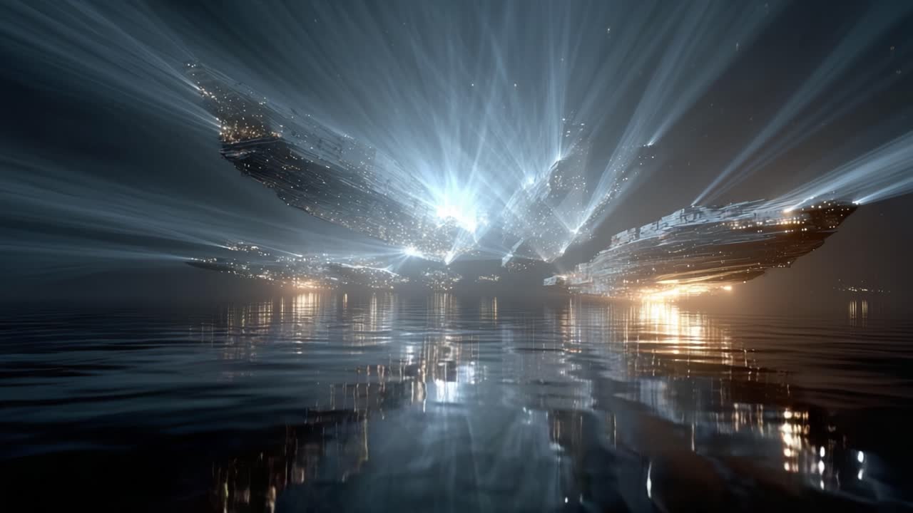Massive futuristic cityscapes floating over a dark, calm ocean, with bright blue and gold lights reflecting on the water's surface, creating a mysterious and epic science fiction atmosphere