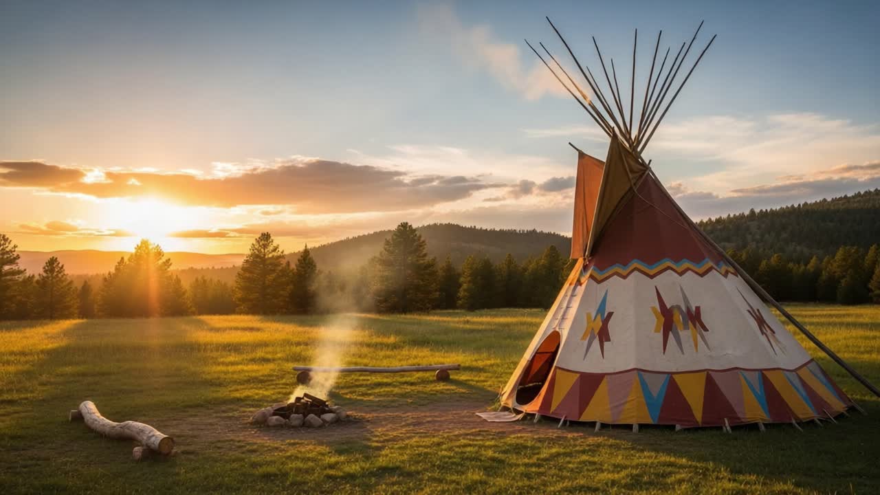 Serene Sunset Over a Traditional Teepee in a Peaceful Wilderness Setting, Featuring a Smoky Campfire and Lush Greenery, Enhancing the Tranquil Atmosphere of Nature's Beauty