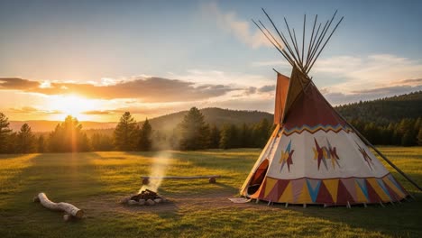 serene sunset over a traditional teepee in a peaceful wilderness setting, featuring a smoky campfire and lush greenery, enhancing the tranquil atmosphere of nature's beauty