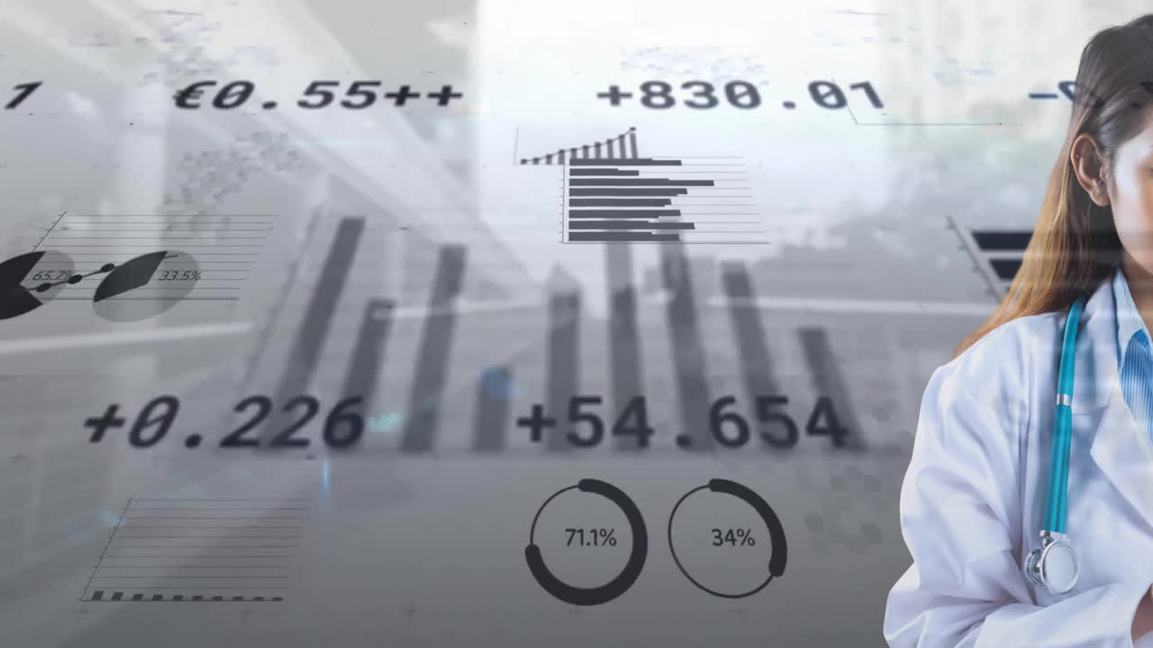 Animation af finansiel databehandling med en kaukasisk kvindelig læge