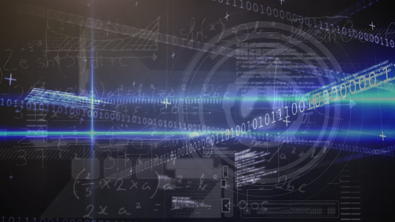 Animation of data processing over black background with blue lights