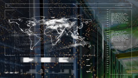 animation of world map and data processing over computer servers