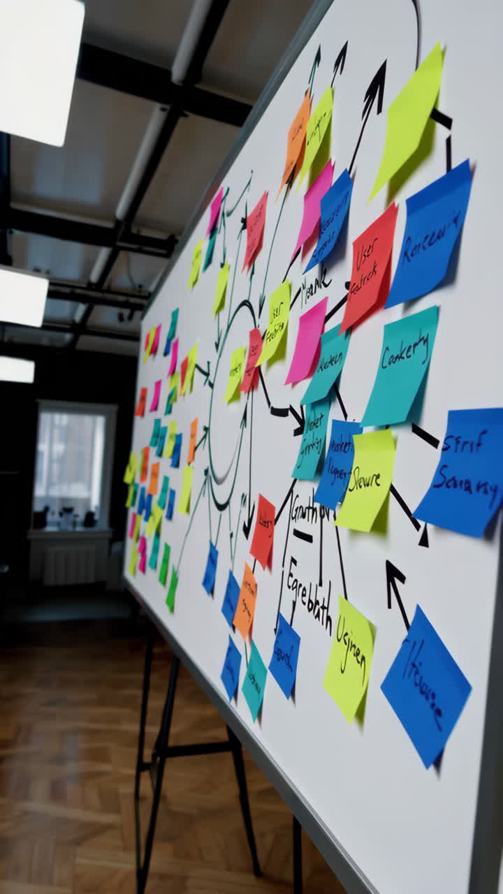 Whiteboard with Sticky Notes Mind Map of Strategy