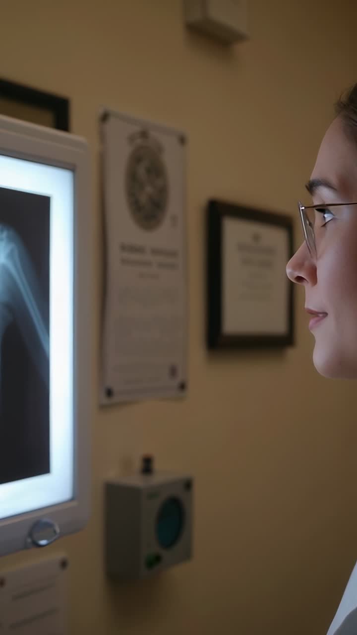 Vertical video: Lit viewer drawing doc in labcoat and specs, viewing xray box at clinic, copy space