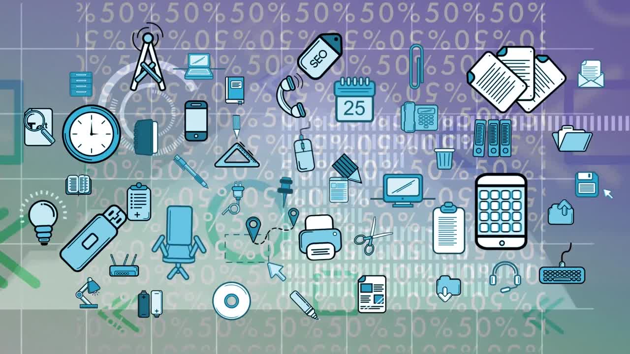 animación de iconos comerciales en la interfaz digital sobre el procesamiento de datos