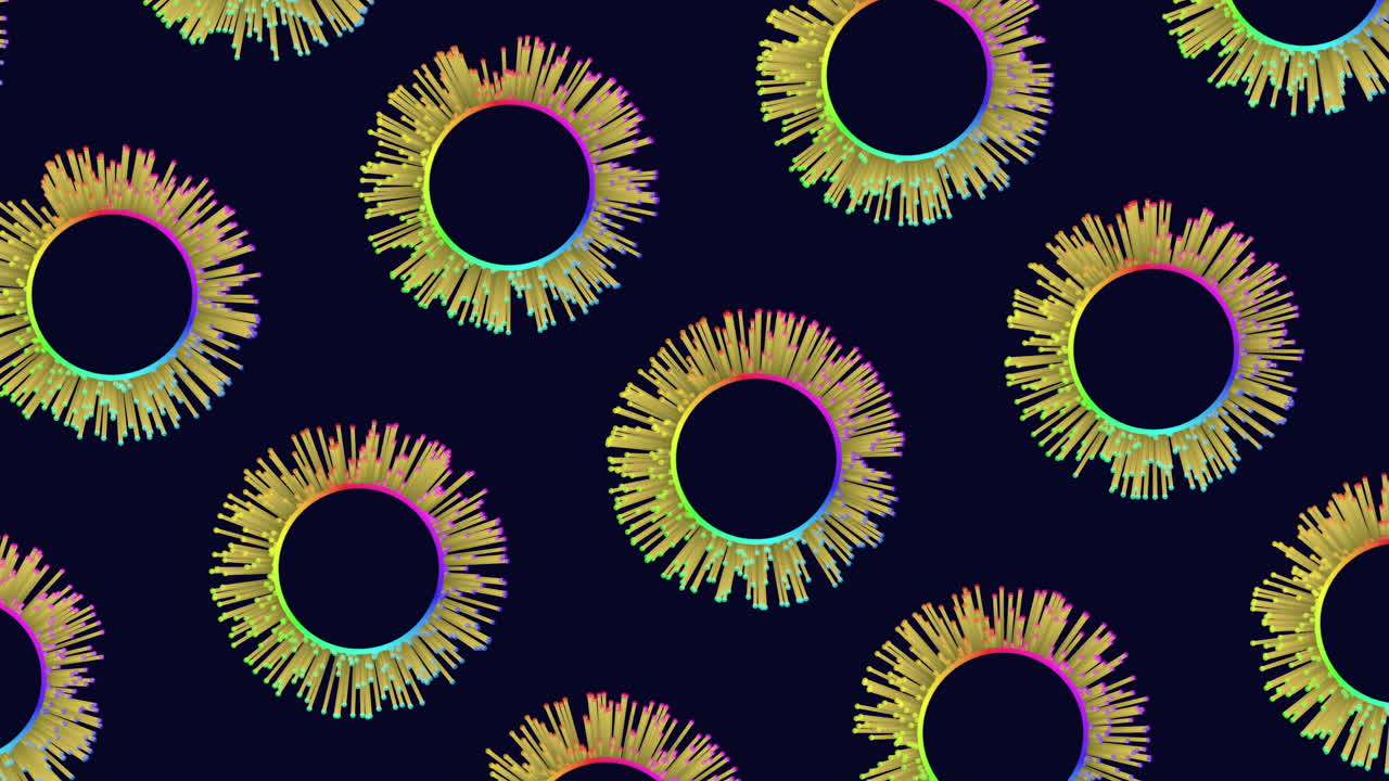 Shimmering symmetry circular pattern of yellow circles on black background