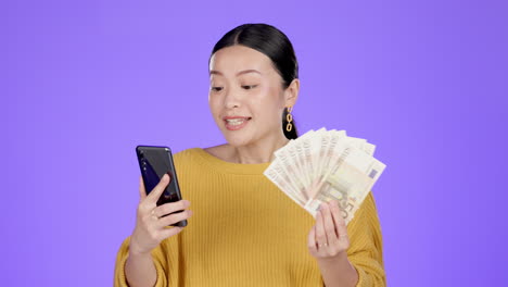 phone, cash prize and winning asian woman