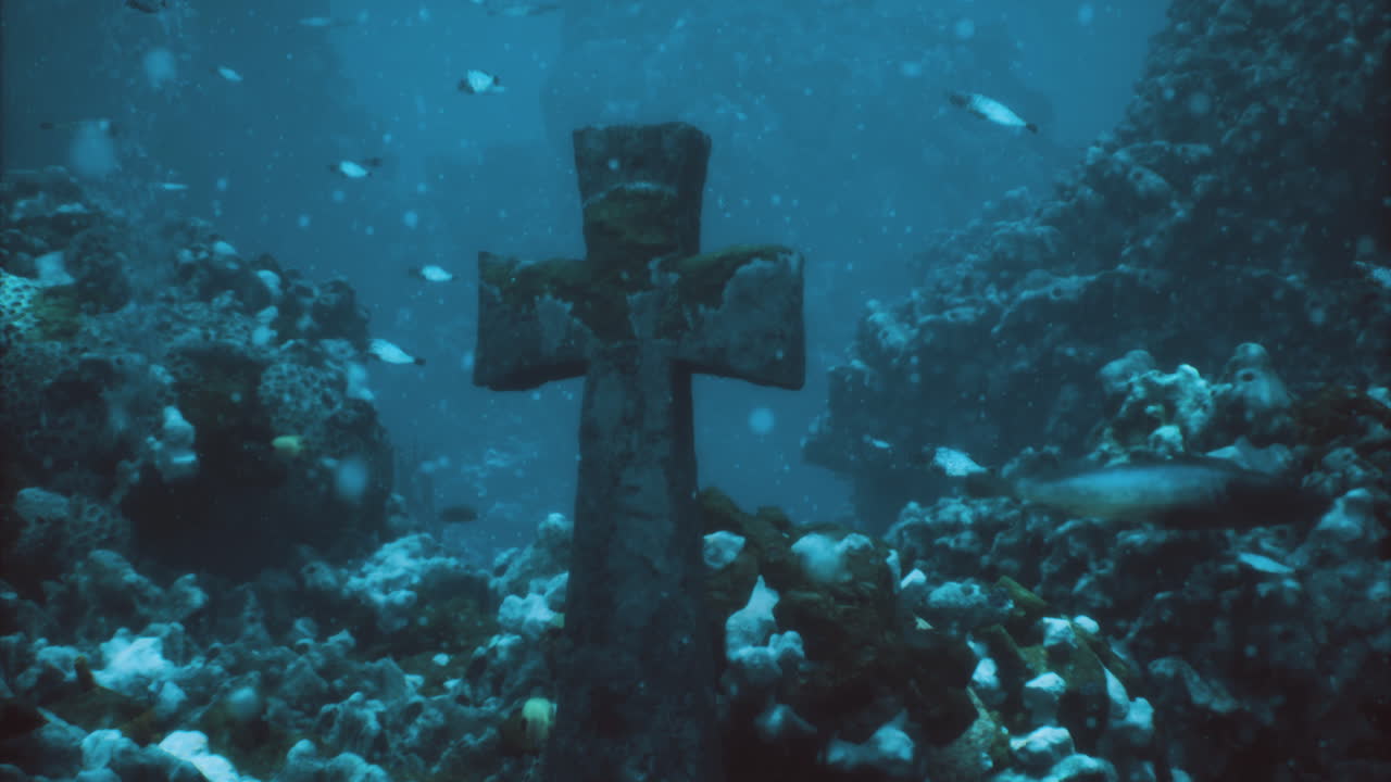 Underwater exploration reveals a sunken cross amid vibrant marine life