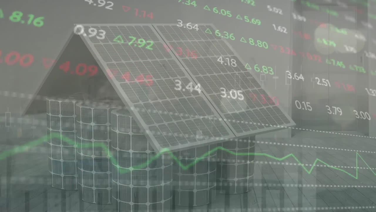 그래프의 애니메이션과 태양 패널과 배터리로 만든 집 위의 거래 보드