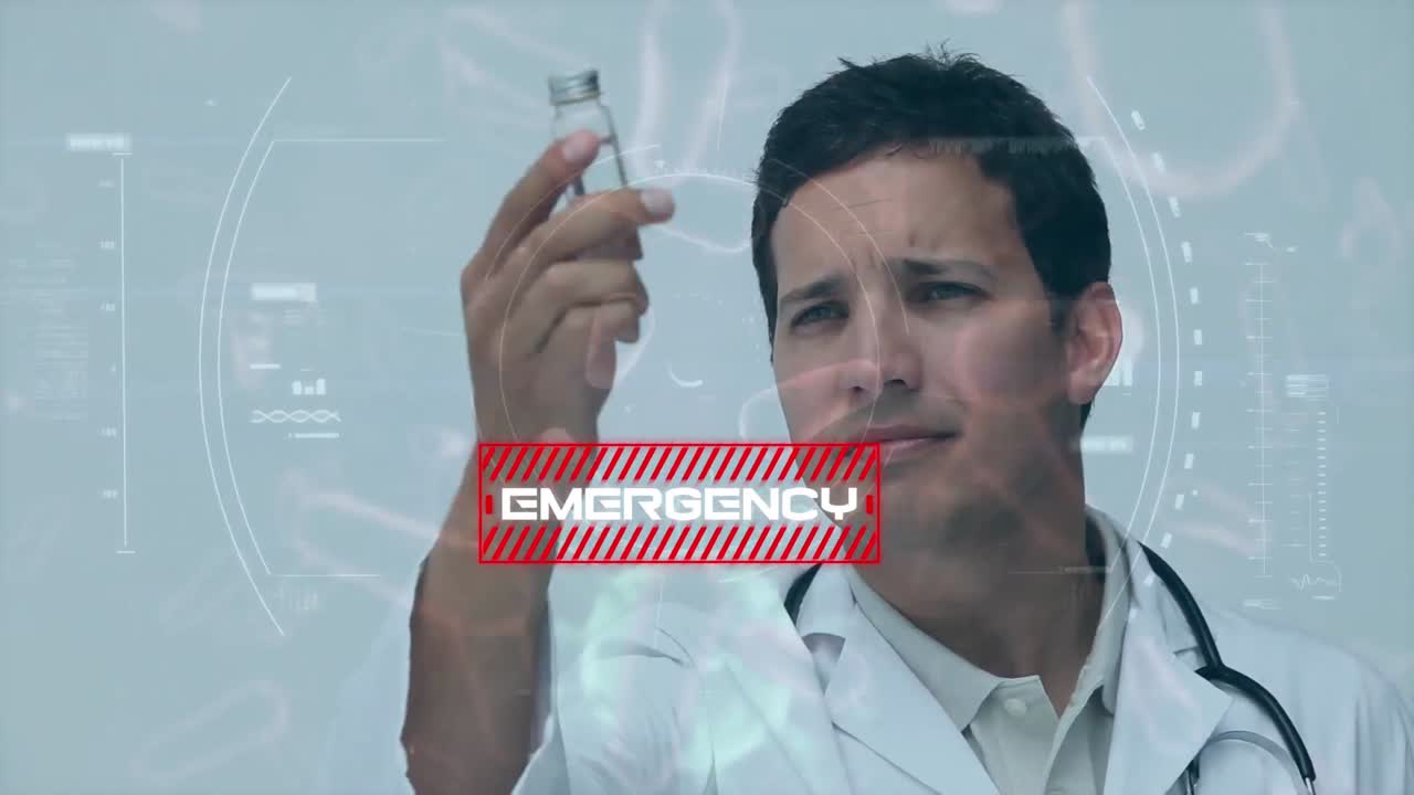 palabra de emergencia escrita en blanco con covid-19 extendiéndose sobre los científicos que trabajan en el fondo.