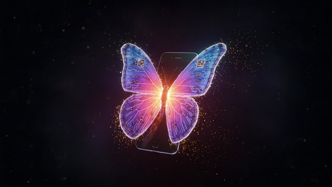 Una vivace farfalla digitale che emerge da uno smartphone, a rappresentare la fusione tra natura e tecnologia in un'affascinante rappresentazione visiva di colore e luce