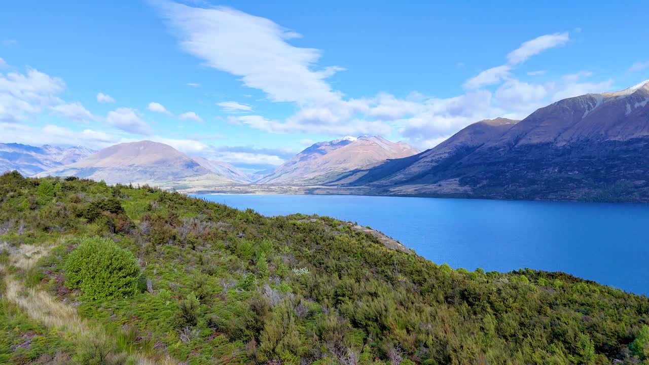 La videocamera di un drone effettua una ripresa panoramica fluida di una lussureggiante collina, rivelando il lago Wakatipu e le montagne distanti alla luce del giorno
