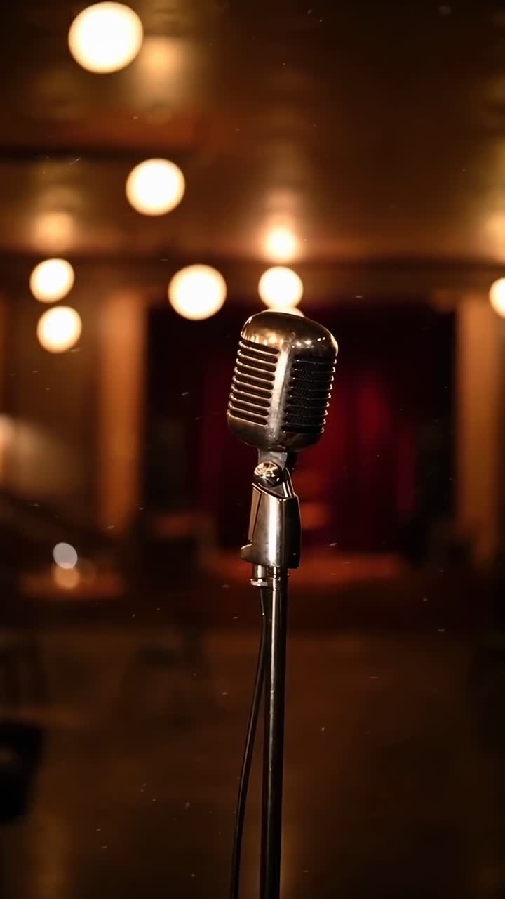 Primo piano di un microfono vintage con luci sfocate, che cattura un'atmosfera video nostalgica