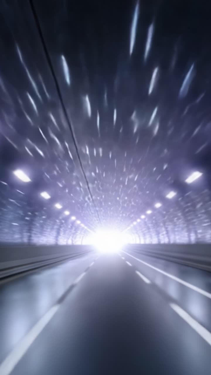 Un viaggio affascinante attraverso un tunnel radioso, dove scie di luce illuminano il percorso davanti, creando un'atmosfera eterea di movimento e velocità.