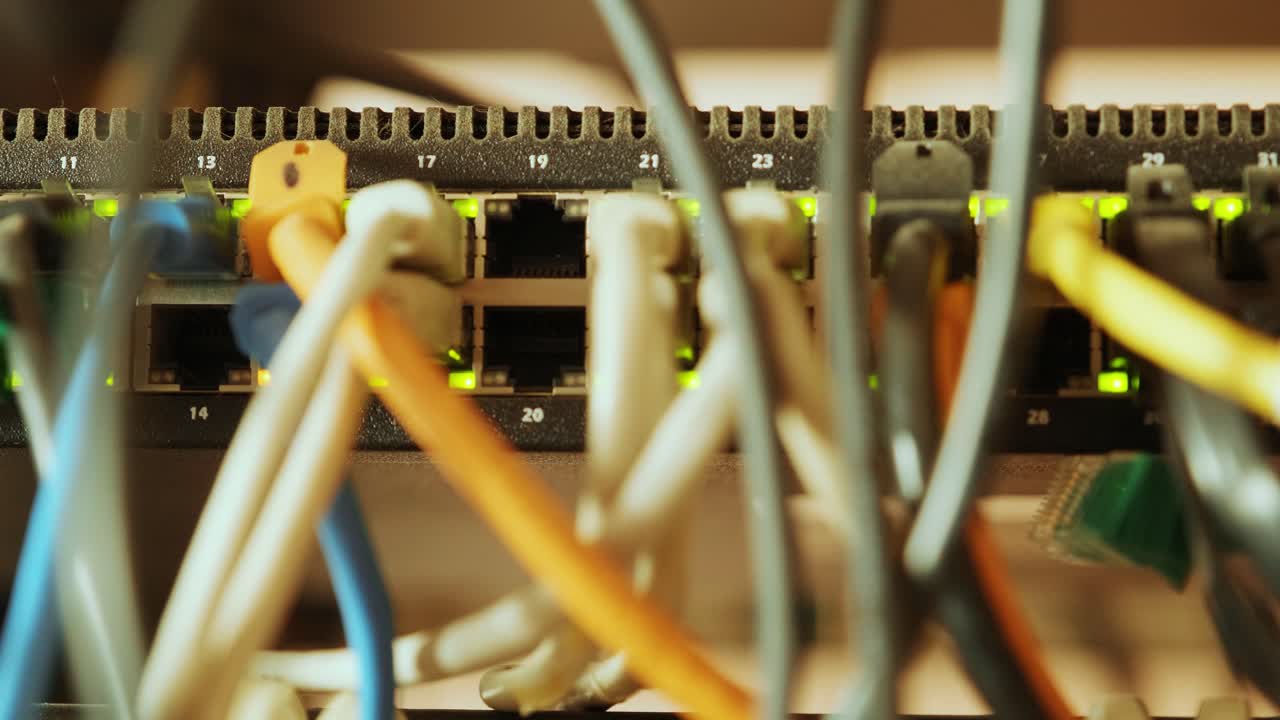 interruptor de red y cable ethernet en el gabinete de rack. tecnología de conexión de red y tiene un estado conducido para mostrar el estado de trabajo. concepto de infraestructura con cables conectados al centro de datos