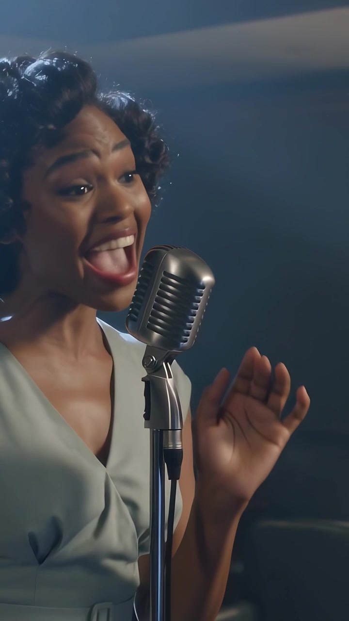 Vertical video: Reacting to intro at club, singer wearing retro dress moving and singing into mic