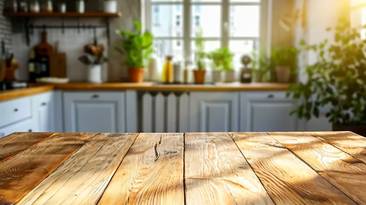 una mesa de madera en una cocina con una vista de la cocina