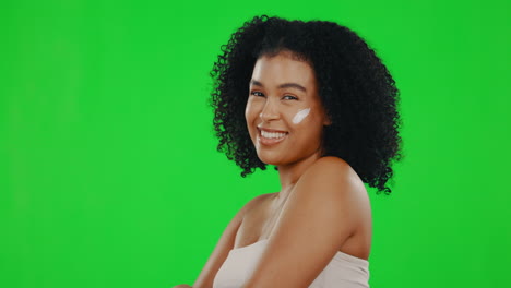 face, green screen and woman with cream
