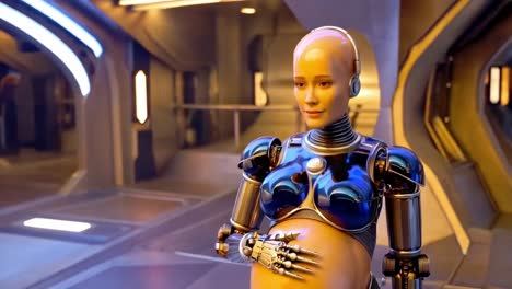 a futuristic pregnant android robot