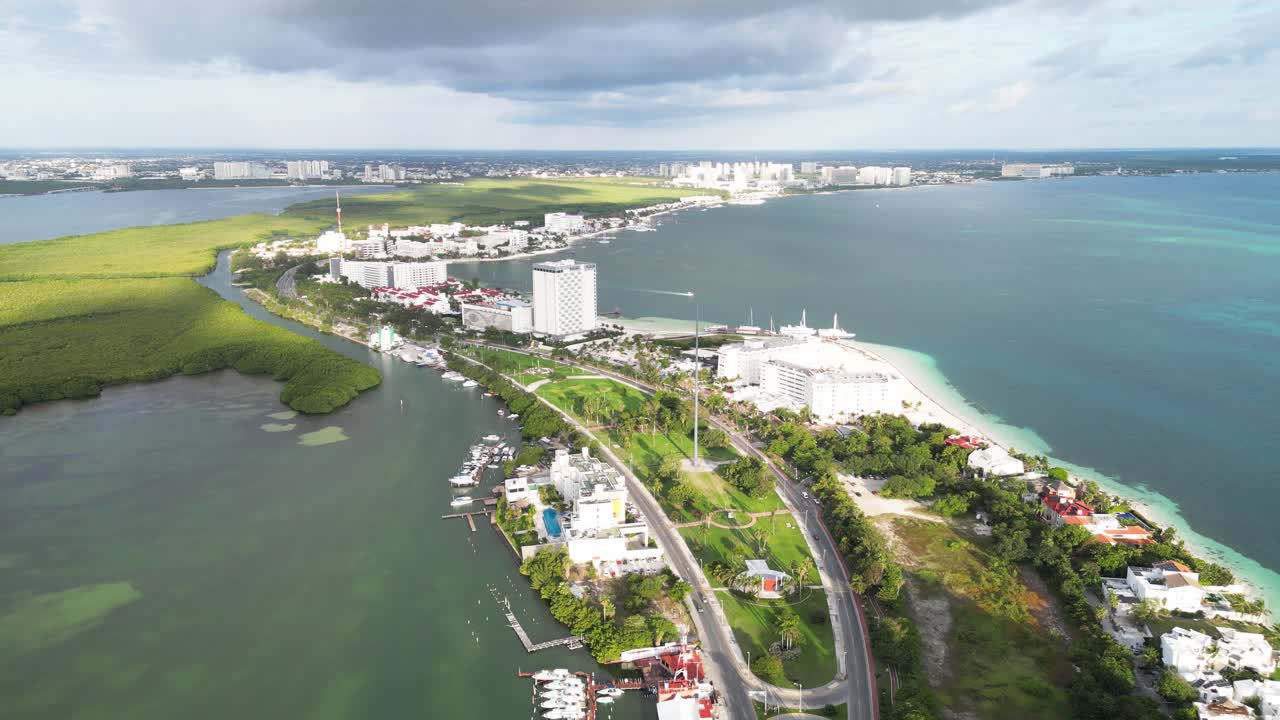 Cancun's hotel zone at playa langosta, showing beaches and nichupte lagoon , aerial view