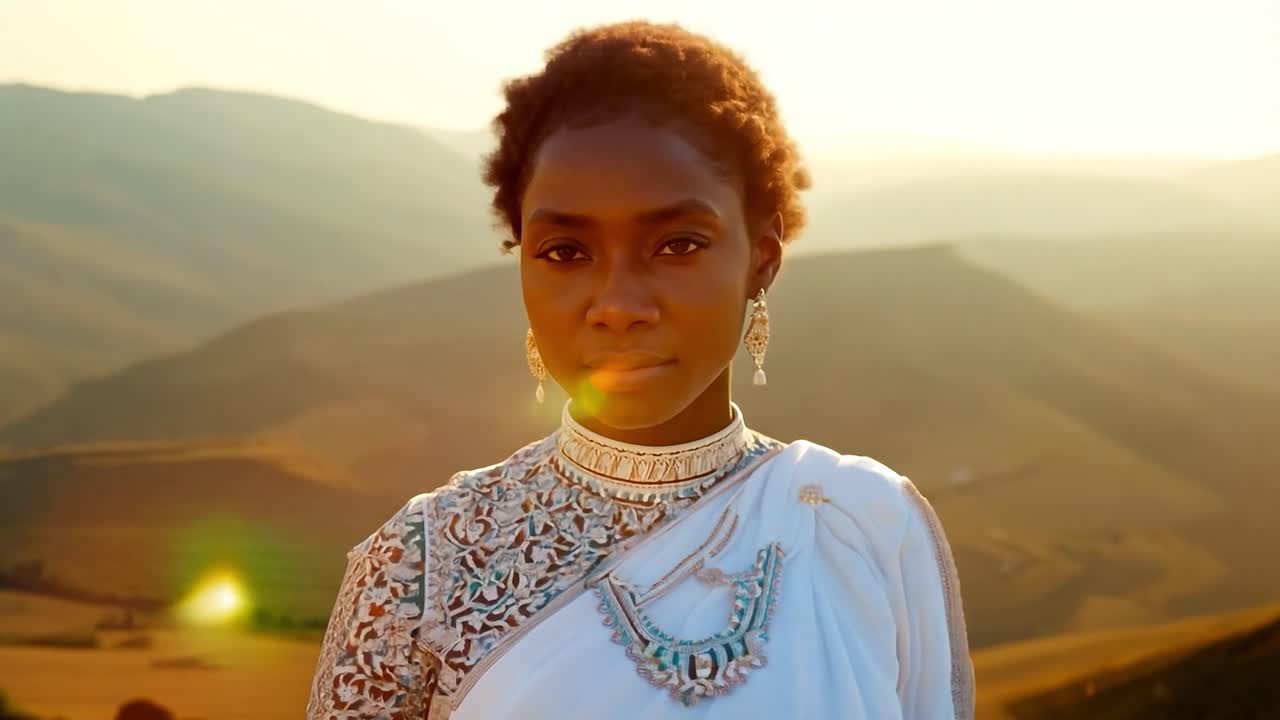 modelo africano exhibe ropa y joyas tradicionales mientras posa en un impresionante paisaje desértico durante la puesta de sol, destacando la belleza y la elegancia cultural contra un telón de fondo sereno