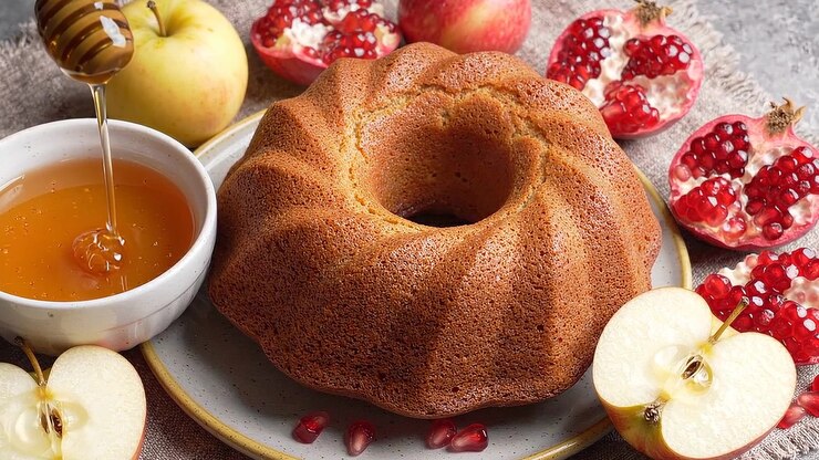 Torta tradizionale al miele di Rosh Hashanah con mela e melograno
