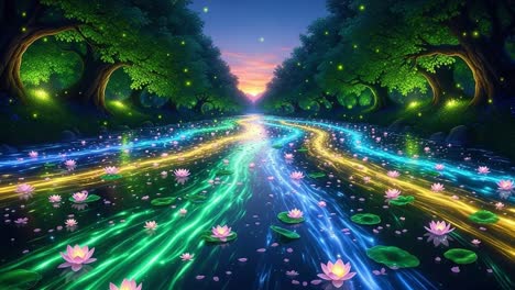 a serene river flowing through a lush forest, illuminated by colorful light and adorned with beautiful water lilies under a twilight sky