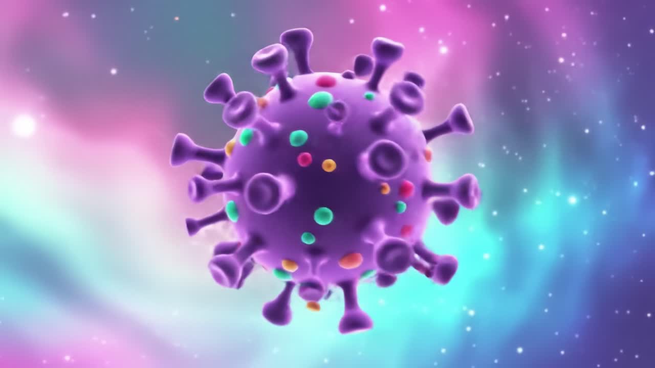 Intricate Representation of a Virus in a Vibrant Cosmic Setting, Showcasing Its Unique Structure and Features Against a Colorful Background