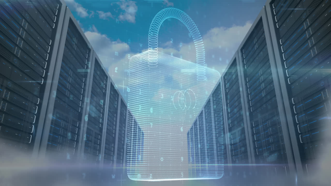 Animazione di avviso di cyberattacco e lucchetto su sala server
