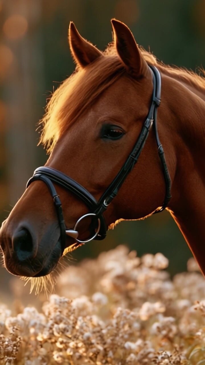 A Stunning Brown Horse Captured in Evening Light, Showcasing Its Majestic Beauty Amidst a Background of Soft Blossoms and Golden Hues.