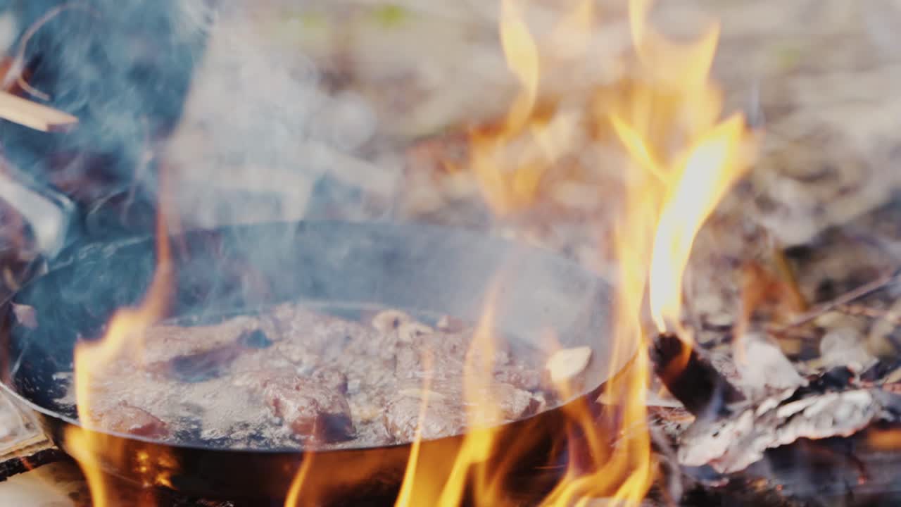 cocción de carne en una fogata en el bosque