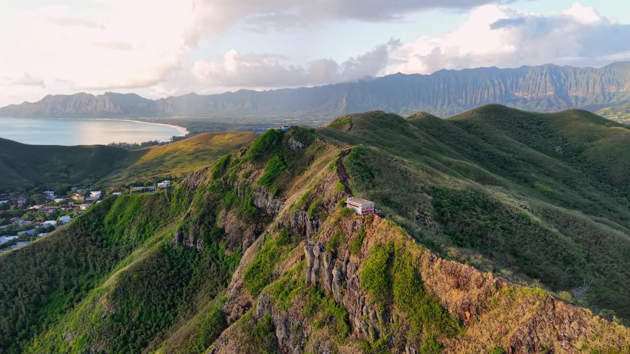 Waimānalo Bay at sunrise from the Kaiwa Ridge in Oahu Hawaii, aerial shot