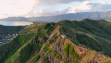 waimānalo bay at sunrise from the kaiwa ridge in oahu hawaii, aerial shot
