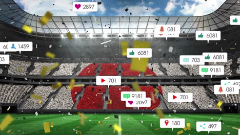 animation of social media icons and confetti over crowd japan flag in stands at sports stadium