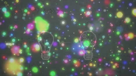 animation of light bulb symbols over colourful floating christmas lights on black background