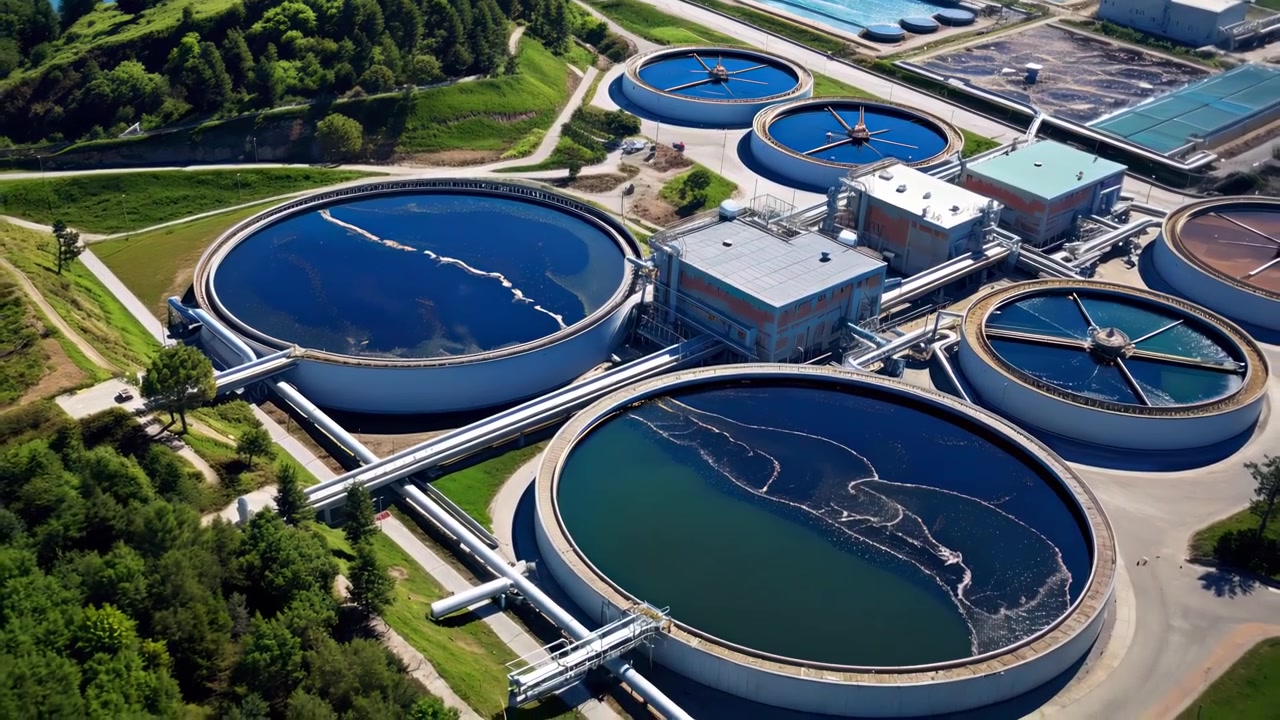 Aerial View of a Large Wastewater Treatment Plant with Circular Tanks