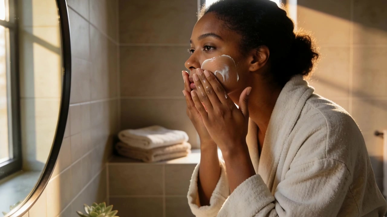 Leaning toward round mirror, woman massaging cleanser at bathroom sink for skincare, in bathrobe